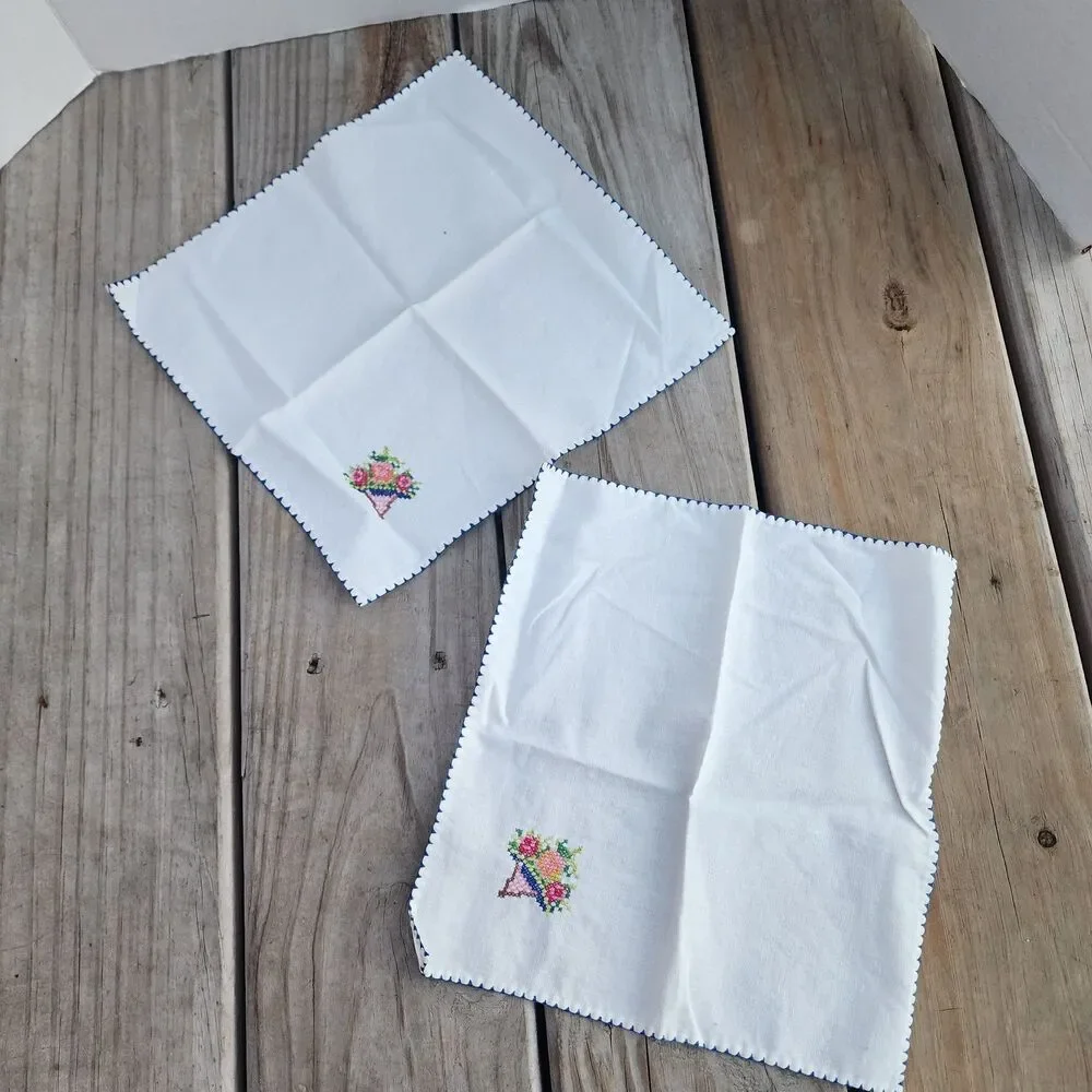 2 Vintage Cotton Handkerchief Hankie Embroidered Cross Stitch w/Flower Bouquet